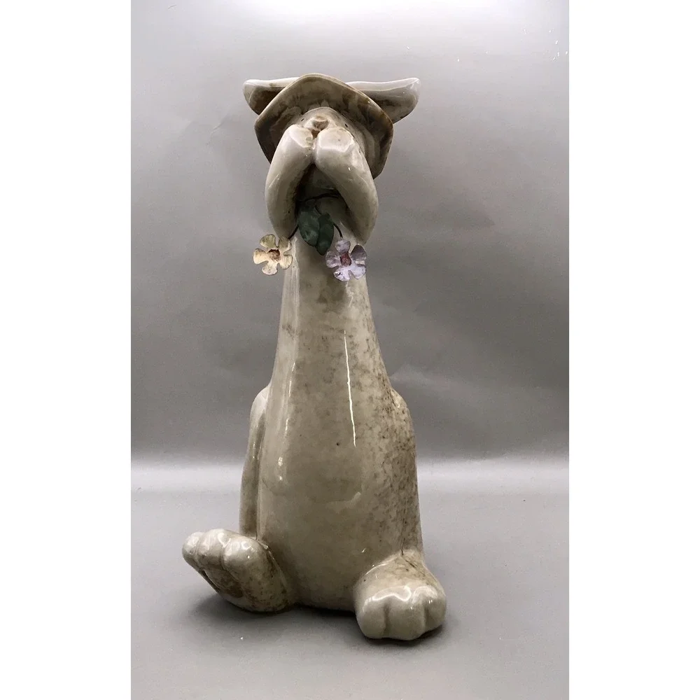Stoneware Pottery Bunny Rabbit Figurine Wearing A Hat - Natural Color - 10